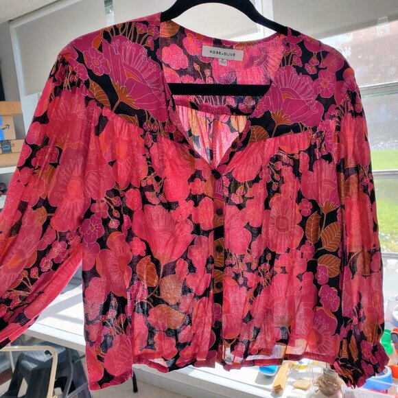 Rose & Olive Top and Pants Set Bright Magenta Floral Print Lightweight Size S - Picture 5 of 16